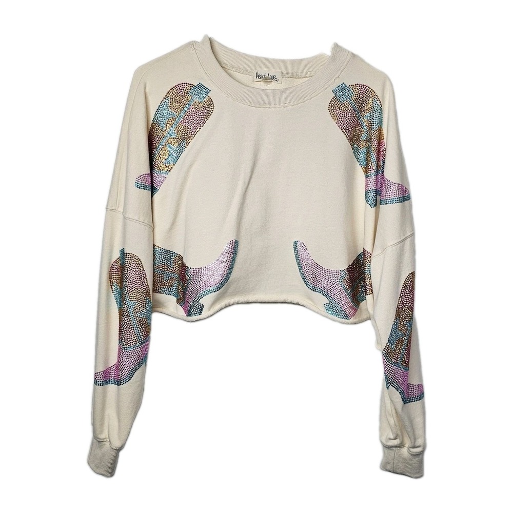 Peach Love Oversized Cropped Sweatshirt Sz Small‎ With Cowboy Boot Bling Cotton
